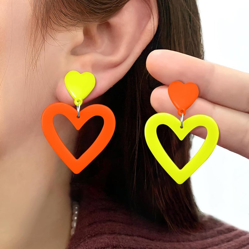 HOLYRY Neon Heart Earrings for Women Acrylic Neon Earrings 80s 90s Outfit for Women Glow Party Accessories Gifts Hot Pink Orange Green Yellow - Image 2